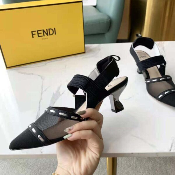 Fendi Women Colibri Black Mesh Medium-Heel Slingbacks with Metal Stitches (6)