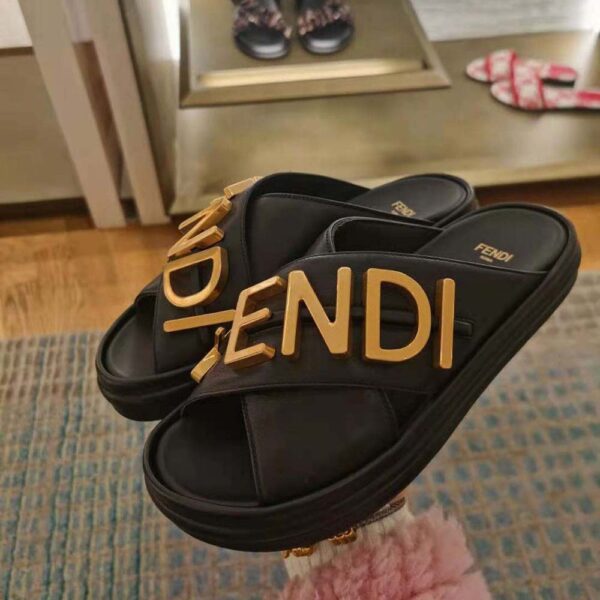 Fendi Women Fendigraphy Black Leather Slides (5)