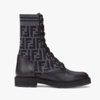 Fendi Women Rockoko Black Leather Biker Boots with Stretch Fabric