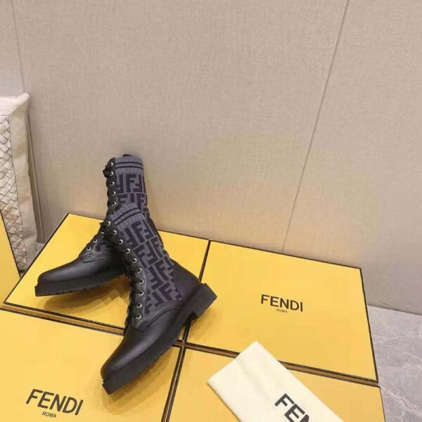 Fendi Women Rockoko Black Leather Biker Boots with Stretch Fabric (4)