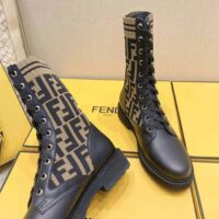 Fendi Women Rockoko BlackBrown Leather Biker Boots with Stretch Fabric (1)