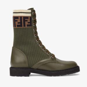 Fendi Women Rockoko Green Leather Biker Boots with Sstretch Fabric