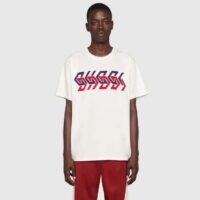 Gucci GG Men Cotton Jersey T-Shirt Beige Gucci Mirror Print Crewneck Oversize Fit (9)