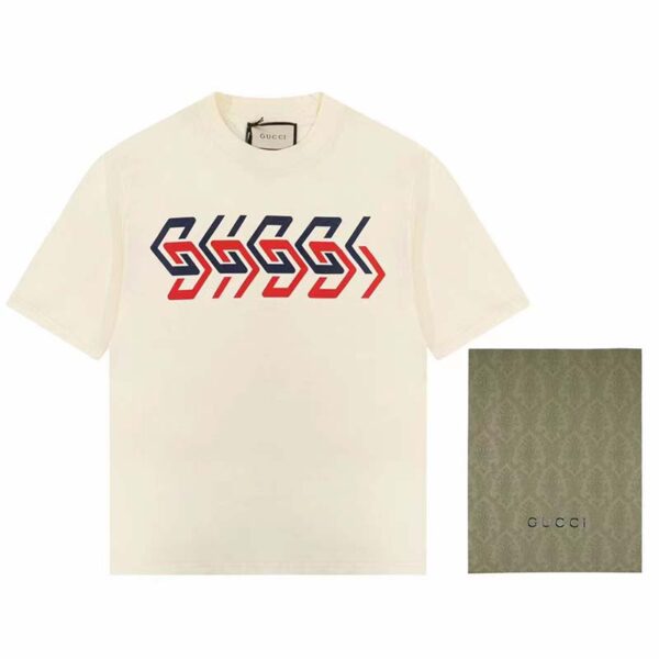 Gucci GG Men Cotton Jersey T-Shirt Beige Gucci Mirror Print Crewneck Oversize Fit (2)