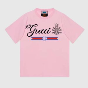Gucci GG Men Gucci Pineapple Cotton T-Shirt Pink Jersey Crewneck Oversize Fit