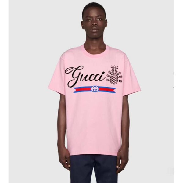 Gucci GG Men Gucci Pineapple Cotton T-Shirt Pink Jersey Crewneck Oversize Fit (5)