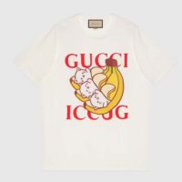 Gucci GG Women Bananya Cat Cotton T-Shirt White Cotton Jersey Crewneck Oversize Fit (11)