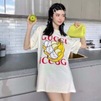 Gucci GG Women Bananya Cat Cotton T-Shirt White Cotton Jersey Crewneck Oversize Fit (11)