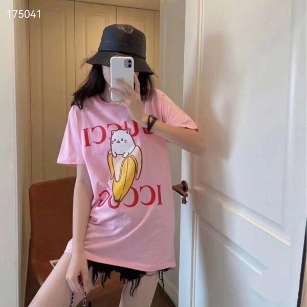 Gucci GG Women Bananya Cotton T-Shirt Pink Jersey Crewneck Oversize Fit (12)