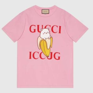 Gucci GG Women Bananya Cotton T-Shirt Pink Jersey Crewneck Oversize Fit