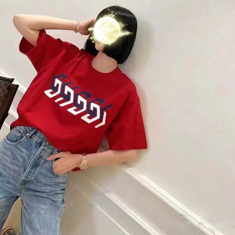 Gucci GG Women Cotton Jersey T-Shirt Red Gucci Mirror Print Crewneck Oversize Fit