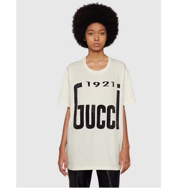 Gucci GG Women Crystal 1921 Gucci Cotton T-Shirt Crewneck Oversize Fit