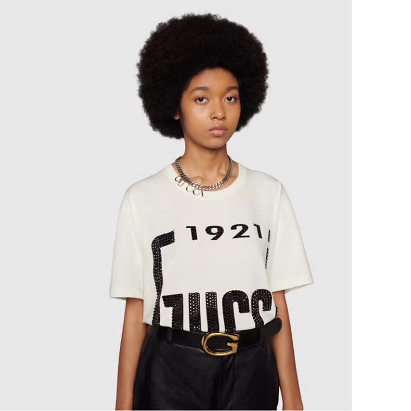 Gucci GG Women Crystal 1921 Gucci Cotton T-Shirt Crewneck Oversize Fit