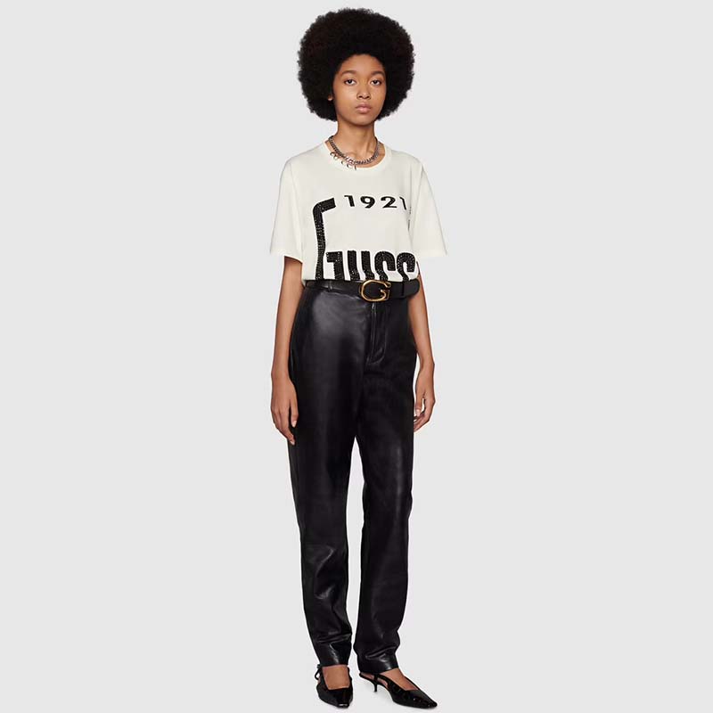Gucci GG Women Crystal 1921 Gucci Cotton T-Shirt Crewneck Oversize Fit