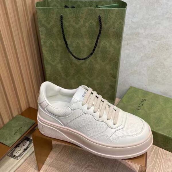 Gucci Unisex GG Embossed Sneaker White Leather Smooth Leather Lace Up Flat (2)