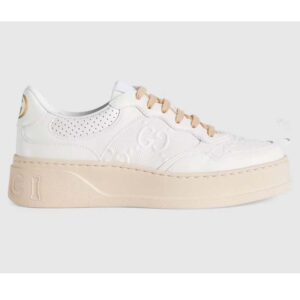 Gucci Unisex GG Embossed Sneaker White Leather Smooth Leather Lace Up Flat