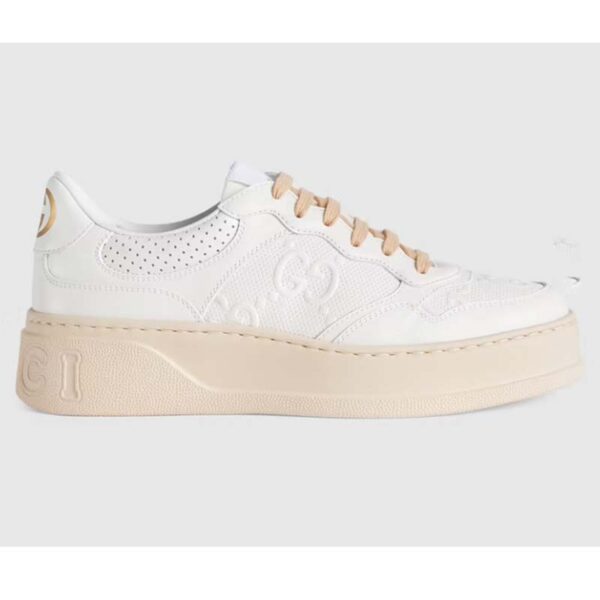 Gucci Unisex GG Embossed Sneaker White Leather Smooth Leather Lace Up Flat (3)