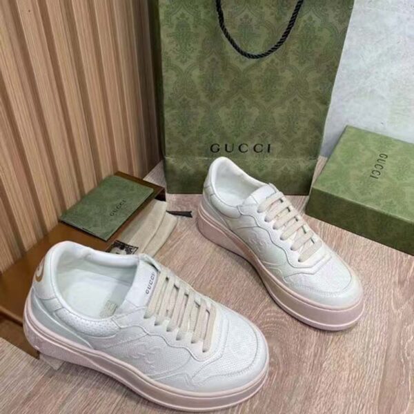 Gucci Unisex GG Embossed Sneaker White Leather Smooth Leather Lace Up Flat (6)