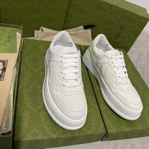 Gucci Unisex GG Embossed Sneaker White Smooth Leather Lace Up Flat (17)