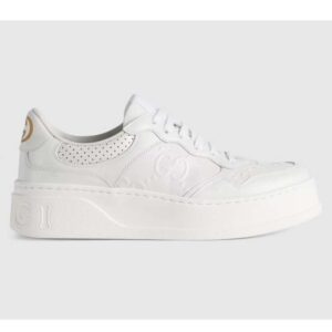 Gucci Unisex GG Embossed Sneaker White Smooth Leather Lace Up Flat