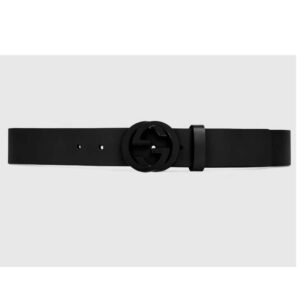 Gucci Unisex GG Leather Belt with Interlocking G Black Buckle 3.8 cm Width