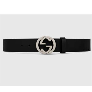 Gucci Unisex GG Leather Belt with Interlocking G Black 3.8 cm Width