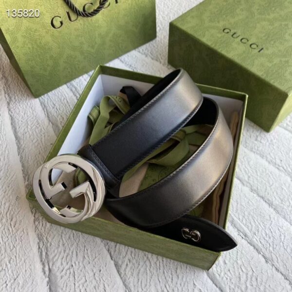 Gucci Unisex GG Leather belt with interlocking G Black 3.8 cm Width (4)