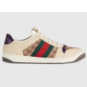 Gucci Unisex GG Screener Sneaker Beige Navy Leather Canvas Low 4 cm Heel