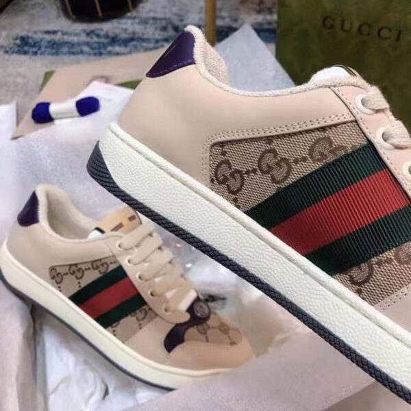 Gucci Unisex GG Screener Sneaker Beige Navy Leather Canvas Low 4 cm Heel (11)