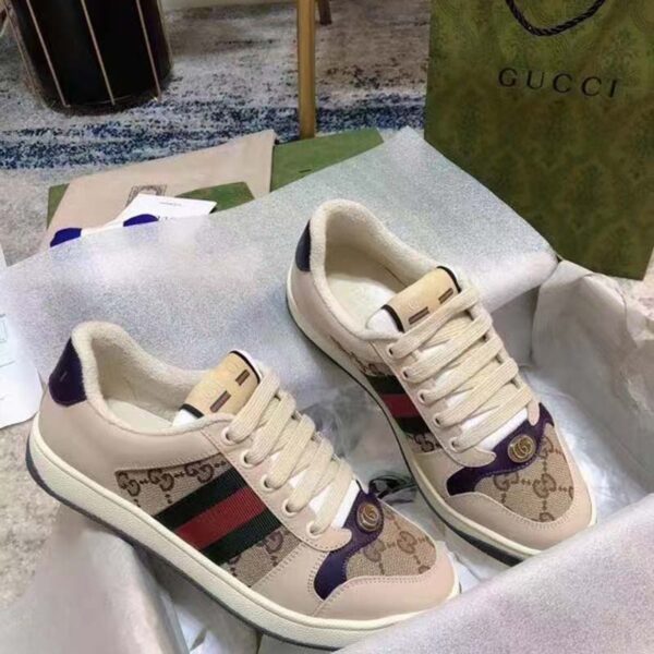 Gucci Unisex GG Screener Sneaker Beige Navy Leather Canvas Low 4 cm Heel (2)