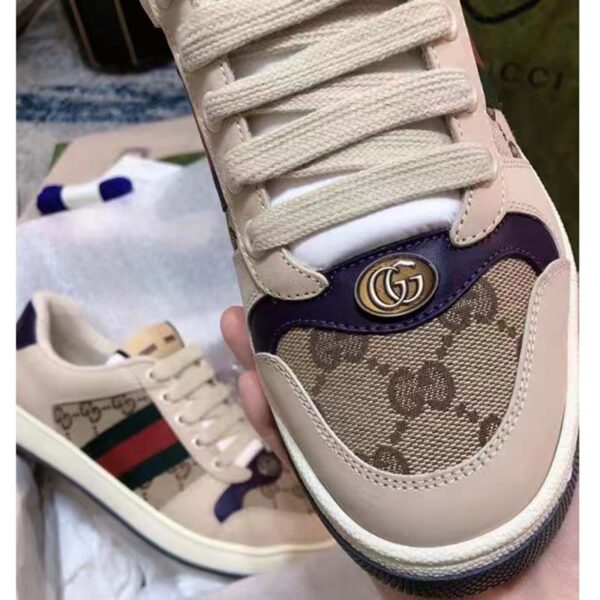 Gucci Unisex GG Screener Sneaker Beige Navy Leather Canvas Low 4 cm Heel (3)