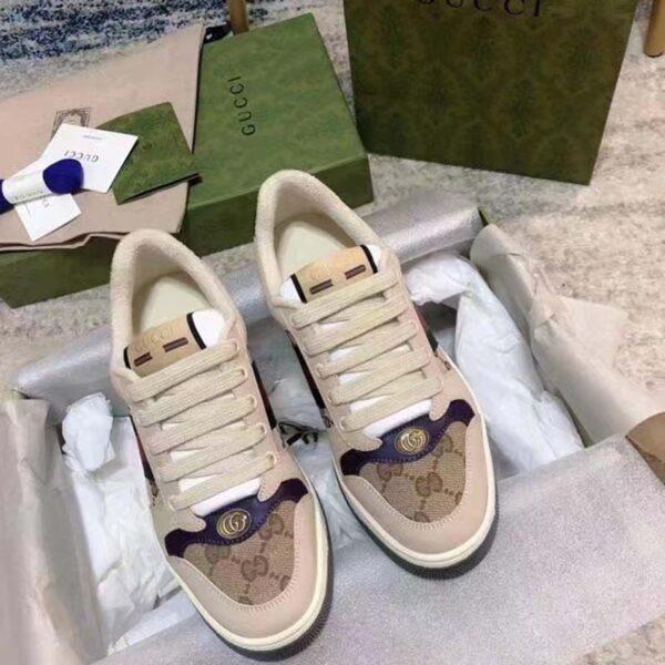 Gucci Unisex GG Screener Sneaker Beige Navy Leather Canvas Low 4 cm Heel (4)