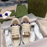 Gucci Unisex GG Screener Sneaker Beige Navy Leather Canvas Low 4 cm Heel (1)