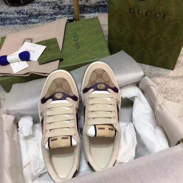 Gucci Unisex GG Screener Sneaker Beige Navy Leather Canvas Low 4 cm Heel (7)