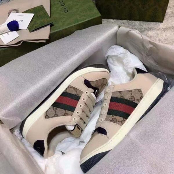 Gucci Unisex GG Screener Sneaker Beige Navy Leather Canvas Low 4 cm Heel (8)