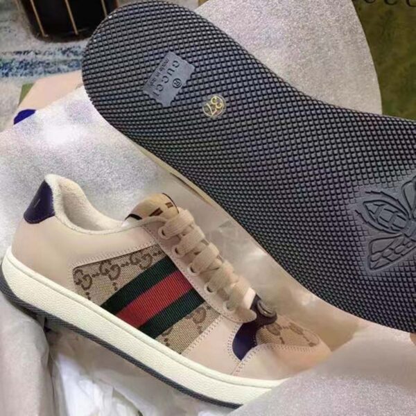 Gucci Unisex GG Screener Sneaker Beige Navy Leather Canvas Low 4 cm Heel (9)