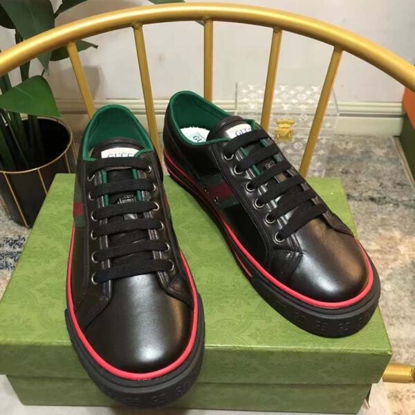 Gucci Unisex Gucci Tennis 1977 Sneaker Black Leather Green Red Web Flat (4)