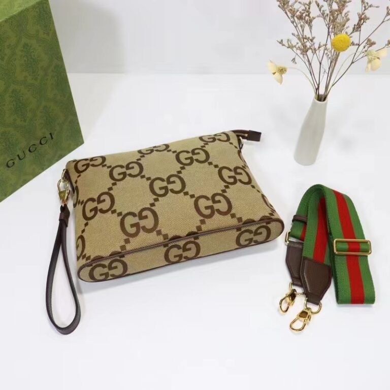 Gucci Unisex Jumbo GG Messenger Bag Camel Ebony Jumbo Canvas LULUX