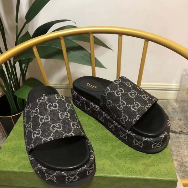 Gucci Unisex Platform Slide Sandal Black Ivory GG Denim Mid 5.6 cm Heel (1)