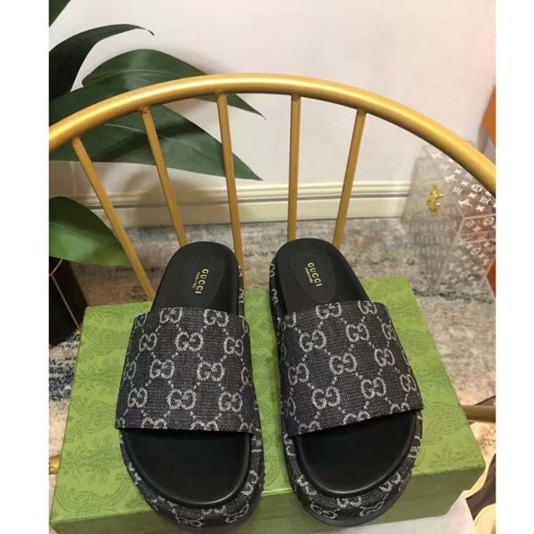 Gucci Unisex Platform Slide Sandal Black Ivory GG Denim Mid 5.6 cm Heel (4)