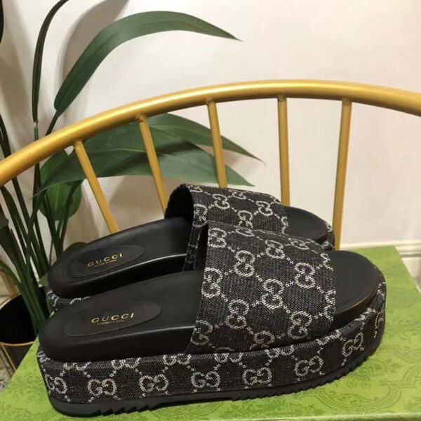 Gucci Unisex Platform Slide Sandal Black Ivory GG Denim Mid 5.6 cm Heel (8)