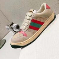 Gucci Unisex Screener Leather Sneaker GG Canvas Green Orange Web 3cm Heel (11)