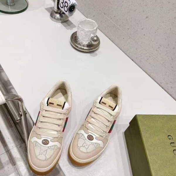 Gucci Unisex Screener Sneaker Pink Green Web Cream Scrap Less Leather (6)
