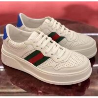 Gucci Unisex Sneaker Web White Leather Green Red Web Lace Up Flat (10)