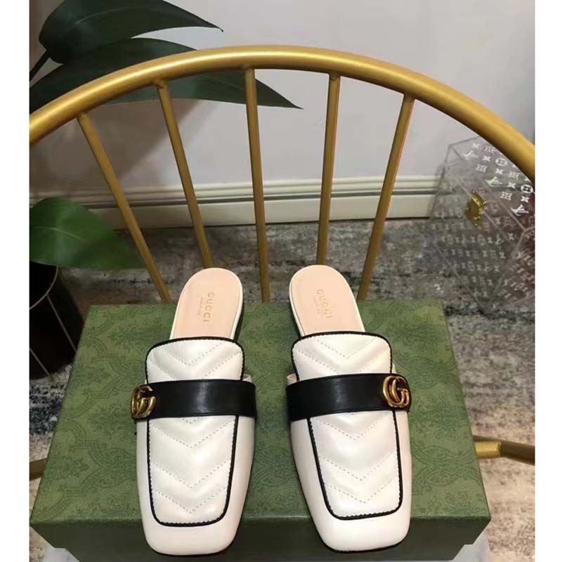 Gucci Unisex Women Slipper Double G White Leather Matelassé Chevron Flat