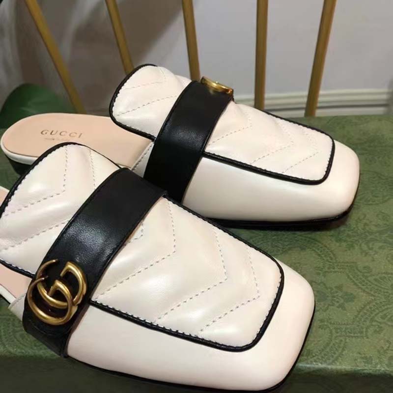 Gucci Unisex Women Slipper Double G White Leather Matelassé Chevron Flat