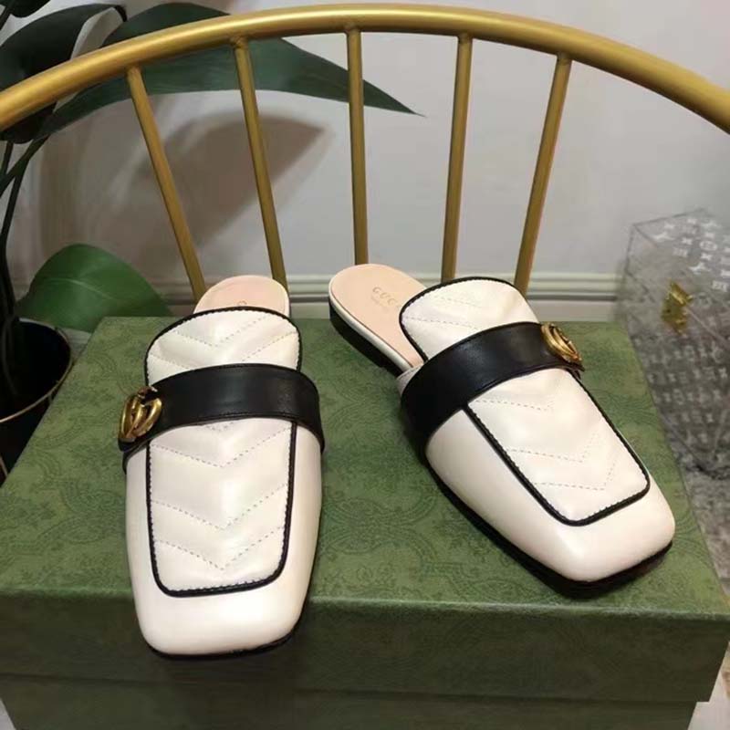 Gucci Unisex Women Slipper Double G White Leather Matelassé Chevron Flat