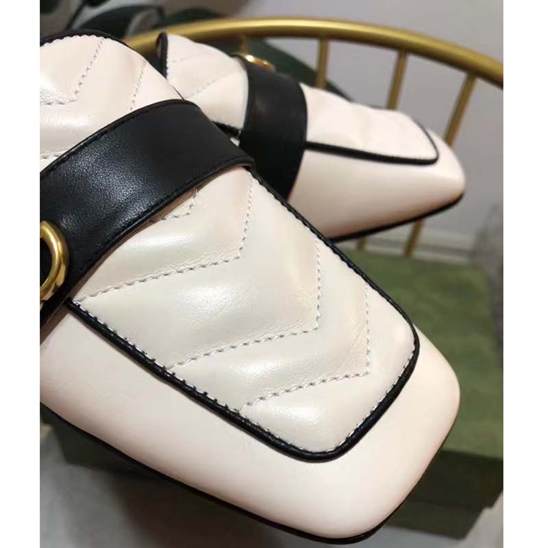 Gucci Unisex Women Slipper Double G White Leather Matelassé Chevron Flat