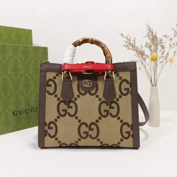 Gucci Women Diana Jumbo GG Small Tote Bag Double G Camel Brown Canvas (2)
