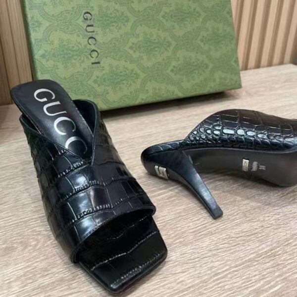 Gucci Women GG Crocodile Print Pump Black Square Toe Mid Heel (10)